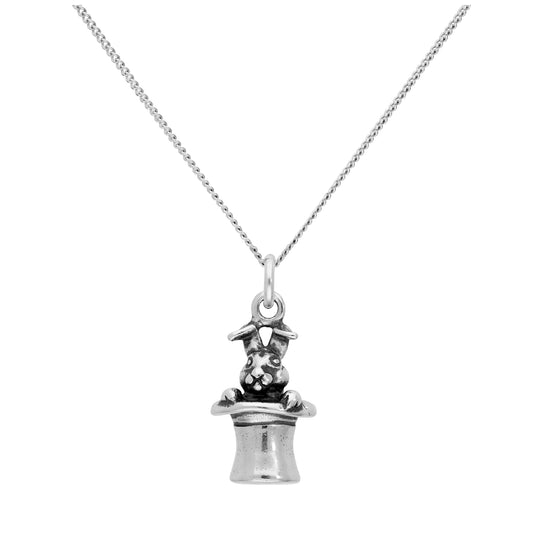 Pendentif lapin magique en argent sterling avec chapeau sur chaîne diamantée de 40,6 cm et 5 cm