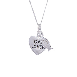 Collier en argent sterling avec cœur et arête de poisson pour amoureux des chats