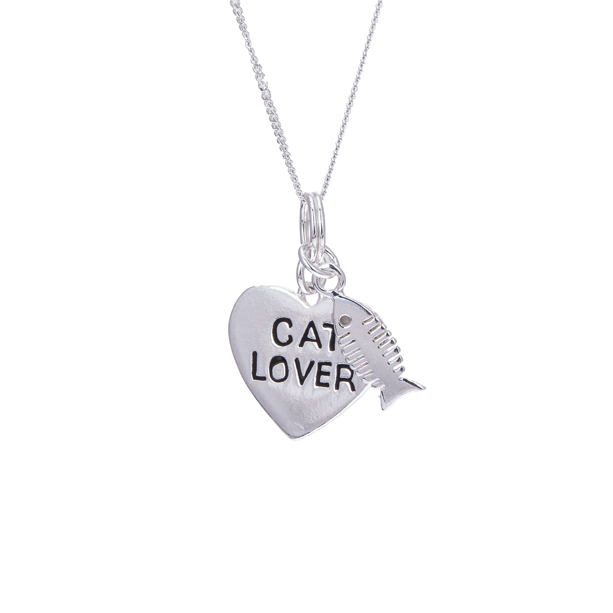 Collier en argent sterling avec cœur et arête de poisson pour amoureux des chats