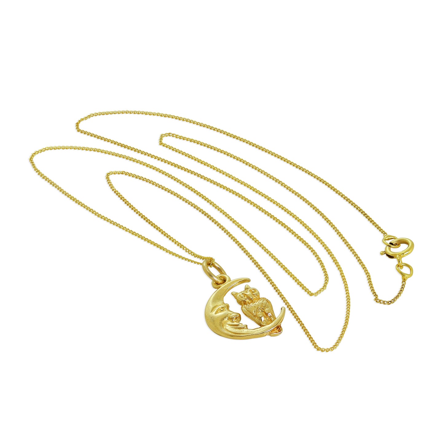 Collier hibou assis sur la lune en or 9 carats - Chaîne de 45 cm