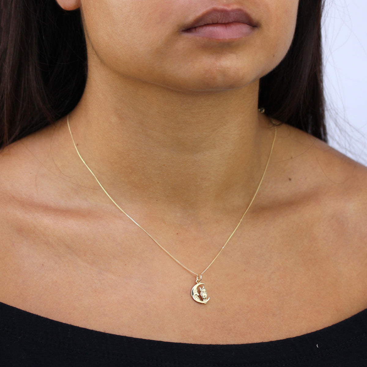Collier hibou assis sur la lune en or 9 carats - Chaîne de 45 cm