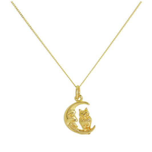 Collier hibou assis sur la lune en or 9 carats - Chaîne de 45 cm