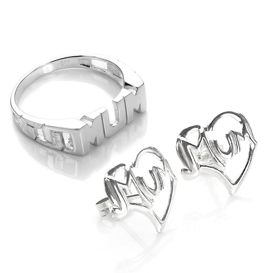 Ensemble bague et boucles d'oreilles maman en argent sterling