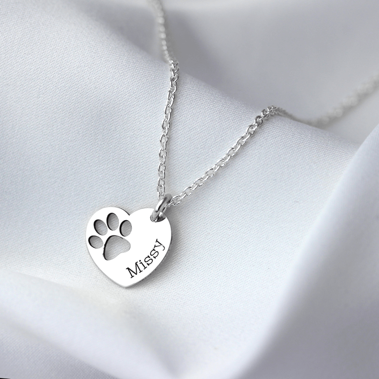 Collier personnalisé en argent sterling avec nom de patte et cœur