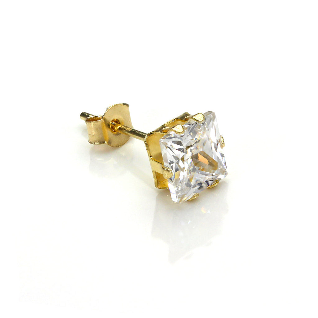 Boucle d'oreille simple à tige carrée pour homme en or jaune 9 carats avec zircones cubiques transparents de 5 mm