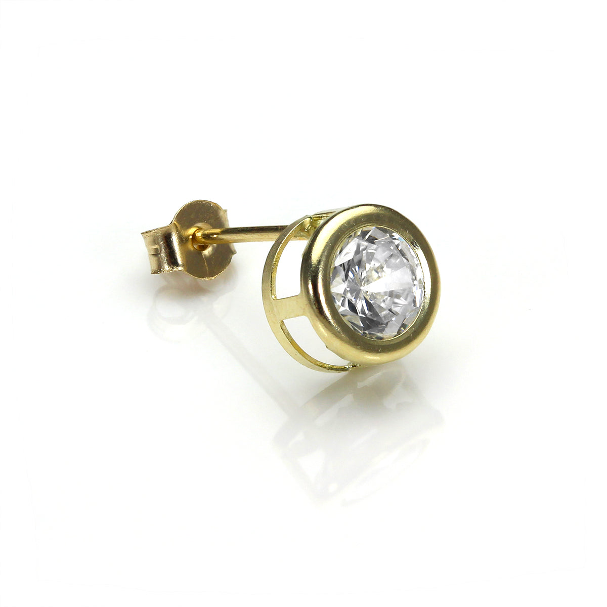 Boucle d'oreille simple à tige ronde en or jaune 9 carats et cristal transparent de 6 mm pour homme