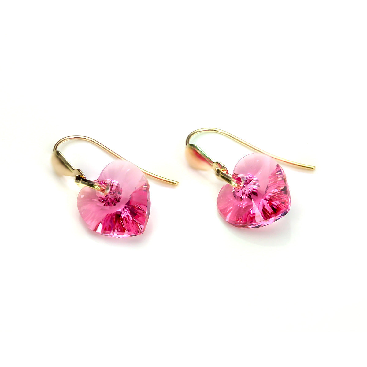 Boucles d'oreilles pendantes en forme de cœur en or jaune 9 carats et cristal rose