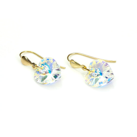Boucles d'oreilles pendantes en forme de cœur en or jaune 9 carats avec cristaux Aurora Borealis