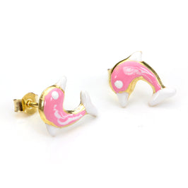 Boucles d'oreilles à tige en or jaune 9 carats et émail rose en forme de dauphin