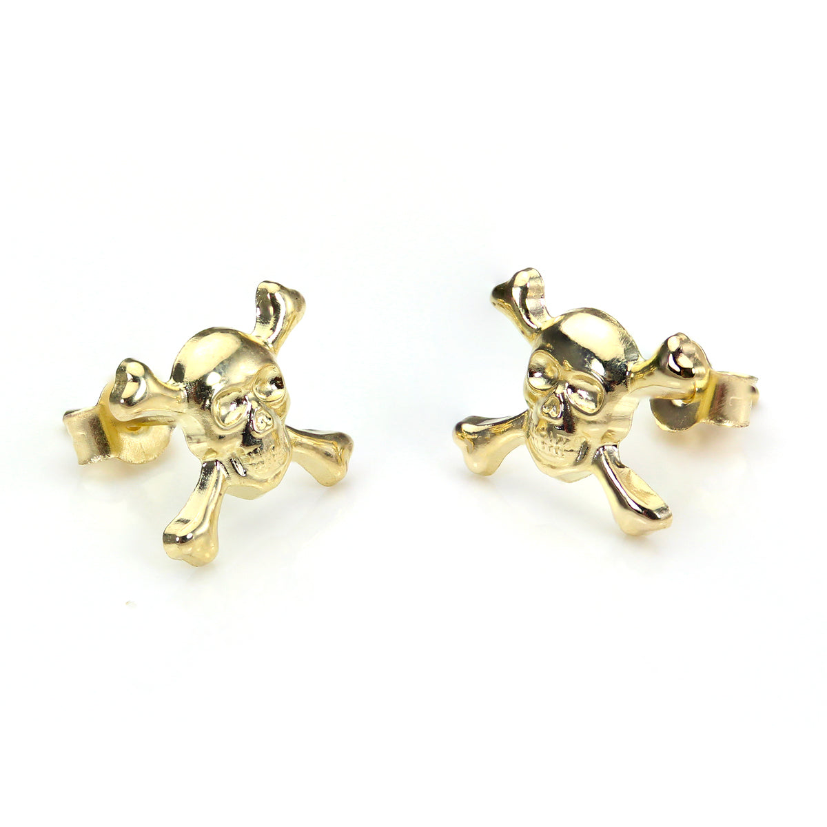 Boucles d'oreilles à tige en or jaune 9 carats avec tête de mort et os croisés