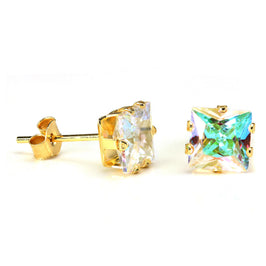 Boucles d'oreilles à tige en or 9 carats et cristal Aurora Borealis carré de 6 mm