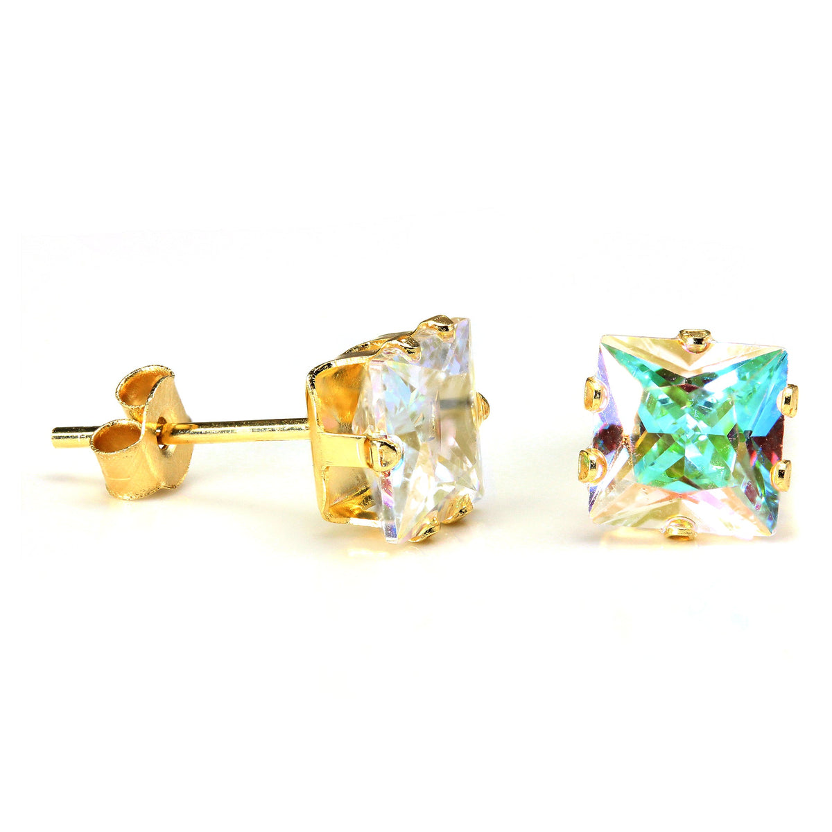 Boucles d'oreilles à tige en or 9 carats et cristal Aurora Borealis carré de 6 mm