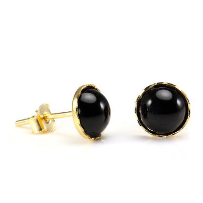 Boucles d'oreilles à tige en or 9 carats et onyx, pierres précieuses rondes de 6 mm