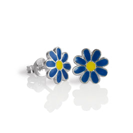Boucles d'oreilles à tige en argent sterling et émail, motif fleur plate - Bleu