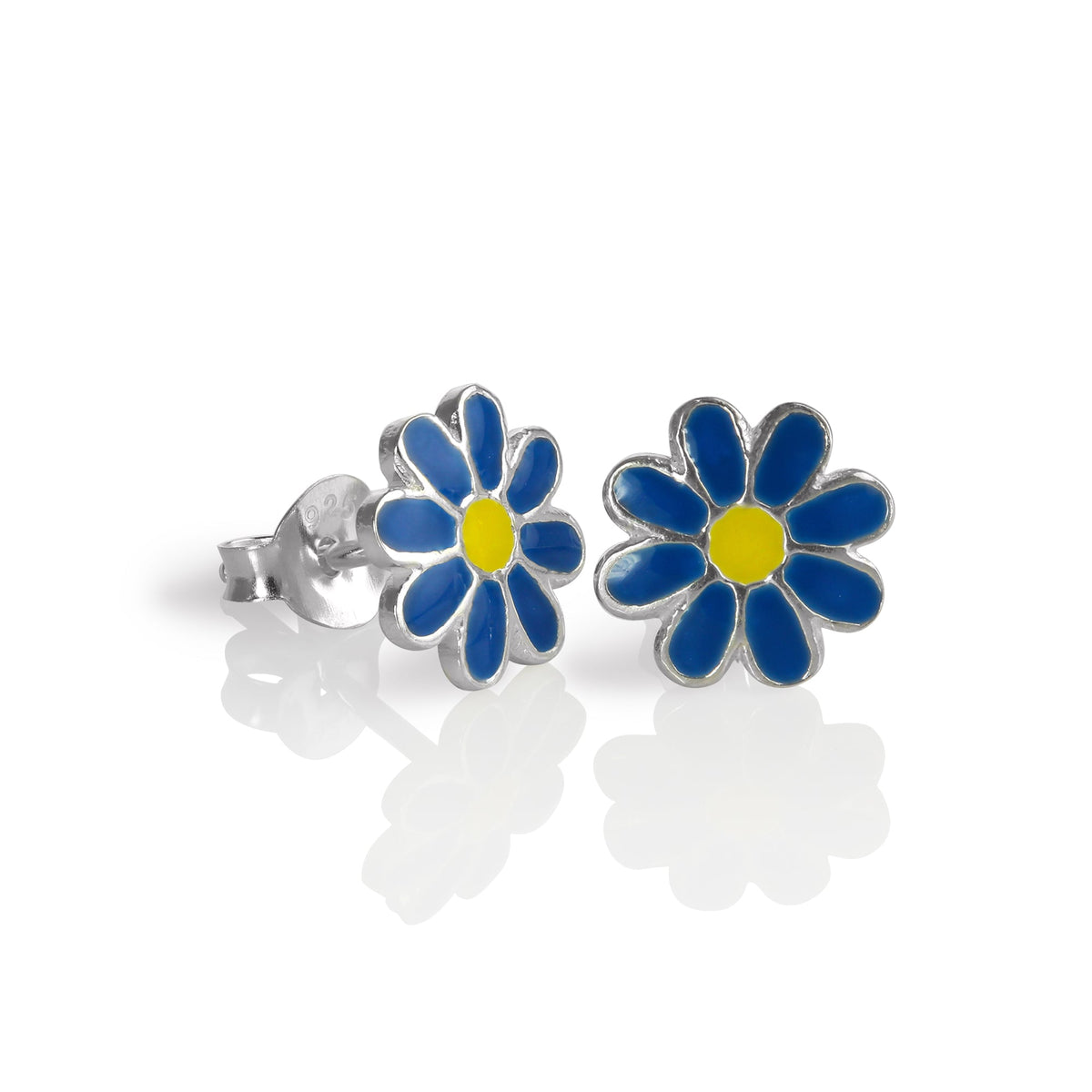 Boucles d'oreilles à tige en argent sterling et émail, motif fleur plate - Bleu