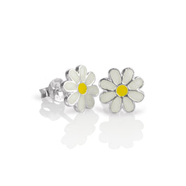 Boucles d'oreilles à tige en argent sterling et émail, motif fleur plate - Blanc