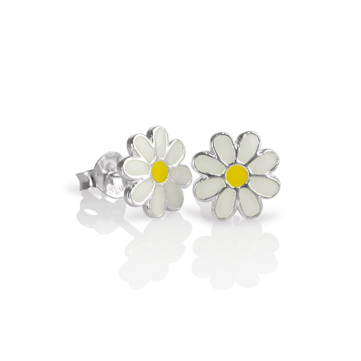 Boucles d'oreilles à tige en argent sterling et émail, motif fleur plate - Blanc