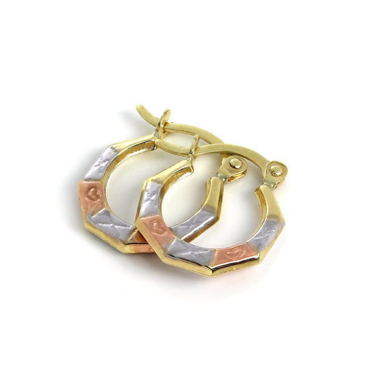 Boucles d'oreilles créoles en or jaune, blanc et rose 9 carats, 11 mm, avec cœurs et bisous