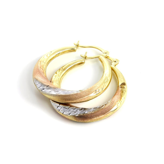 Boucles d'oreilles créoles torsadées en or jaune rose et blanc 9 carats, taille diamant, 20 mm