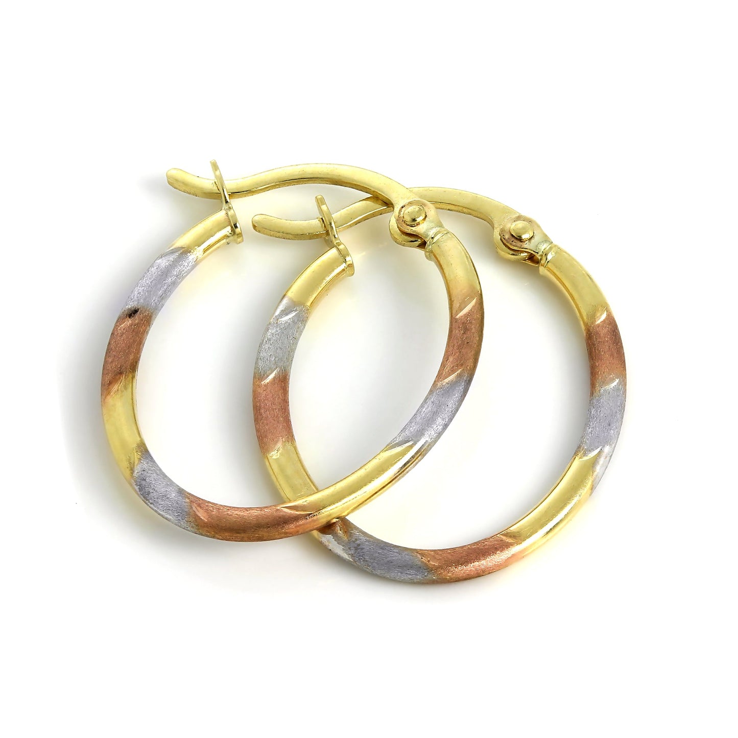 Boucles d'oreilles créoles ovales légères torsadées en or jaune rose et blanc 9 carats