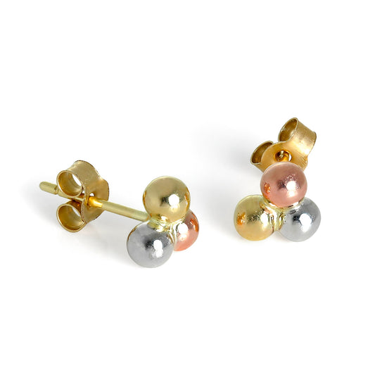 Boucles d'oreilles à tige triple boule de 3 mm en or jaune rose et blanc 9 carats