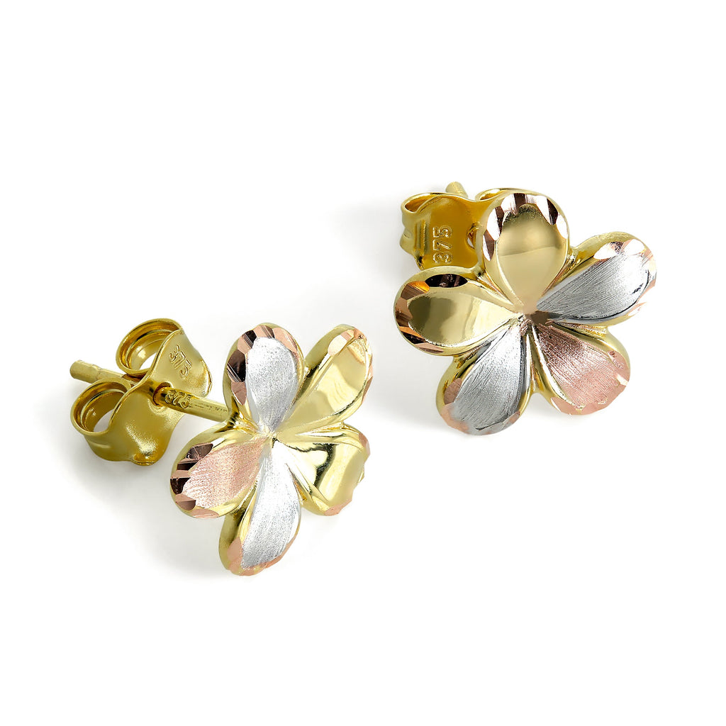 Boucles d'oreilles à tige en or jaune rose et blanc 9 carats avec fleurs