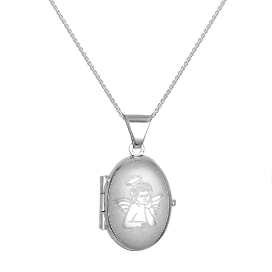 Petit médaillon ovale en argent sterling mat avec ange sur chaîne