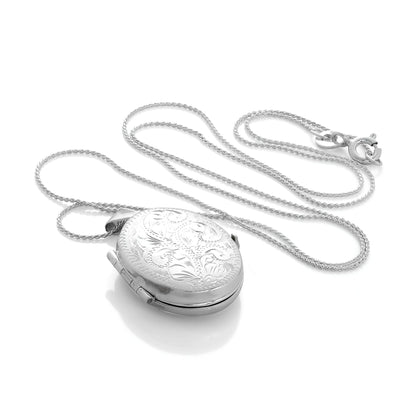 Médaillon familial ovale gravé en argent sterling avec 4 photos sur chaîne