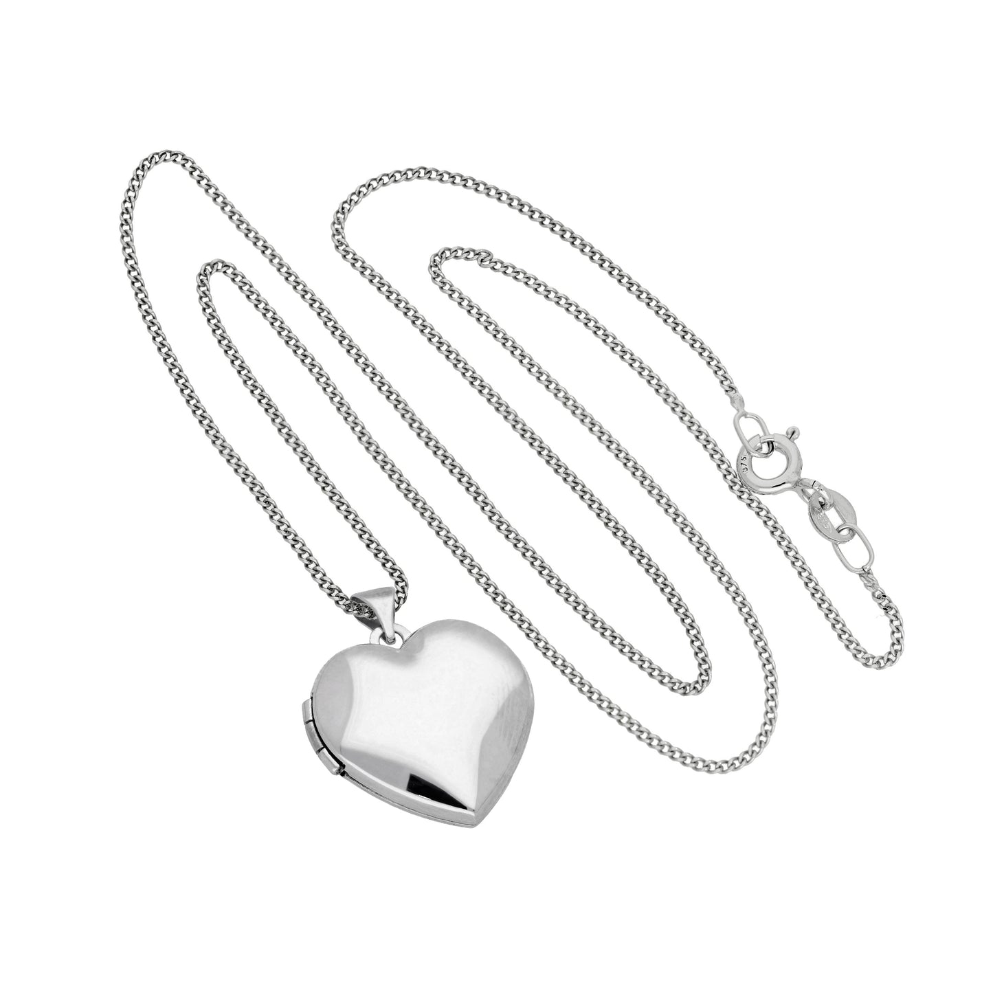 Médaillon en forme de cœur gravable en or blanc 9 carats sur chaîne de 40 à 45 cm