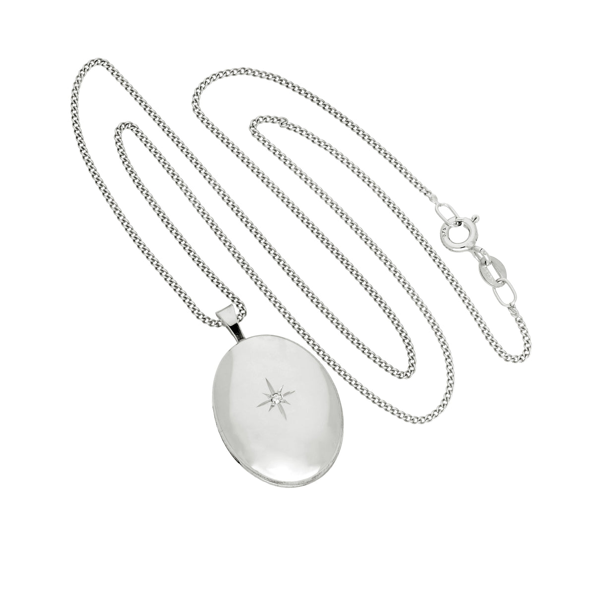 Médaillon ovale en or blanc 9 carats et diamants avec motif étoile brillante, 40 à 45 cm