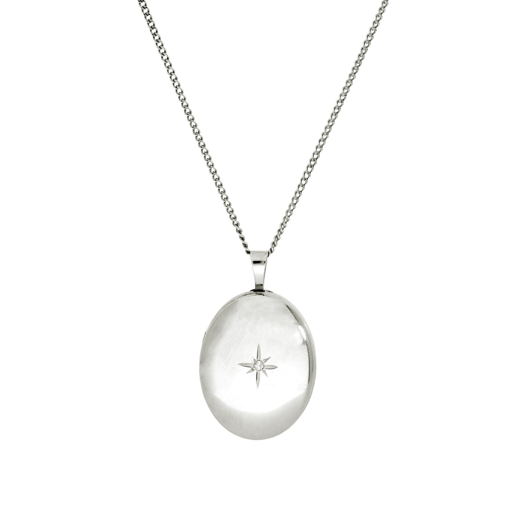 Médaillon ovale en or blanc 9 carats et diamants avec motif étoile brillante, 40 à 45 cm