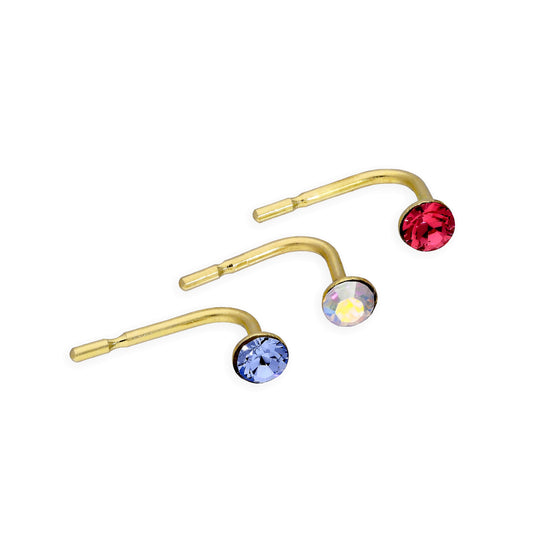Lot de 3 piercings de nez en or 9 carats et cristaux CZ colorés 23Ga, rose pâle, bleu, arc-en-ciel
