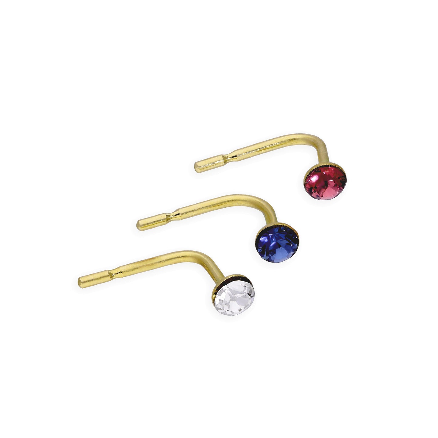 Lot de 3 piercings de nez en or 9 carats et cristaux CZ colorés, calibre 22, rose foncé, bleu, transparent
