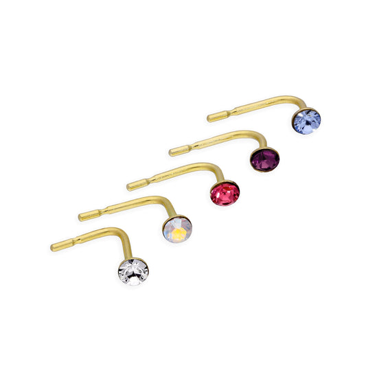 Lot de 5 piercings de nez en or 9 carats et cristal CZ 22Ga, rose, violet, bleu, transparent, arc-en-ciel