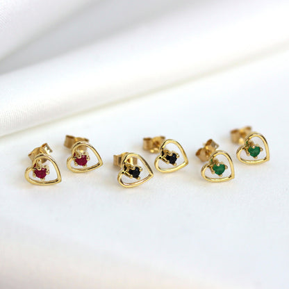 Boucles d'oreilles à tige en or 9 carats et pierres précieuses de 2 mm, cœur ouvert – Émeraude, saphir, rubis