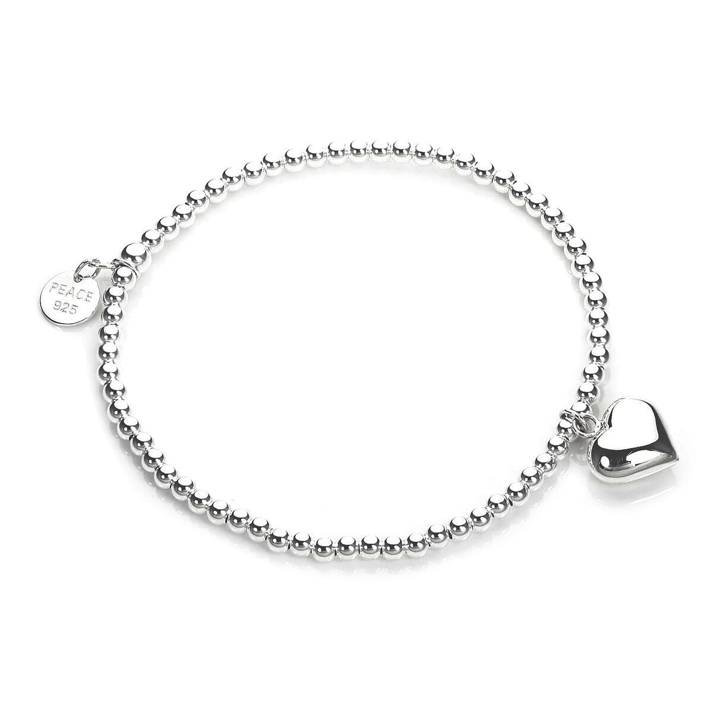 Bracelet extensible en argent sterling avec breloque en forme de cœur et perles