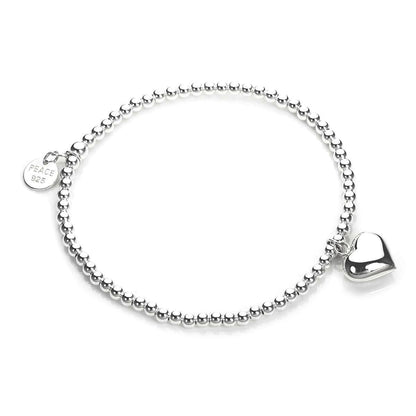 Bracelet extensible en argent sterling avec breloque en forme de cœur et perles