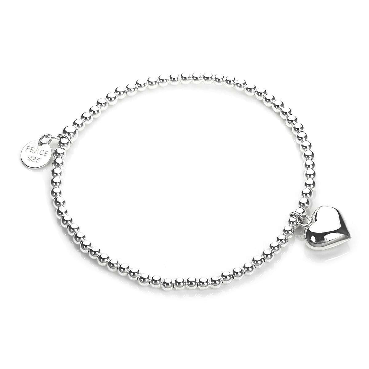 Bracelet extensible en argent sterling avec breloque en forme de cœur et perles