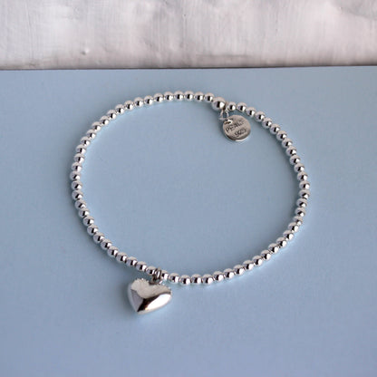 Bracelet extensible en argent sterling avec breloque en forme de cœur et perles