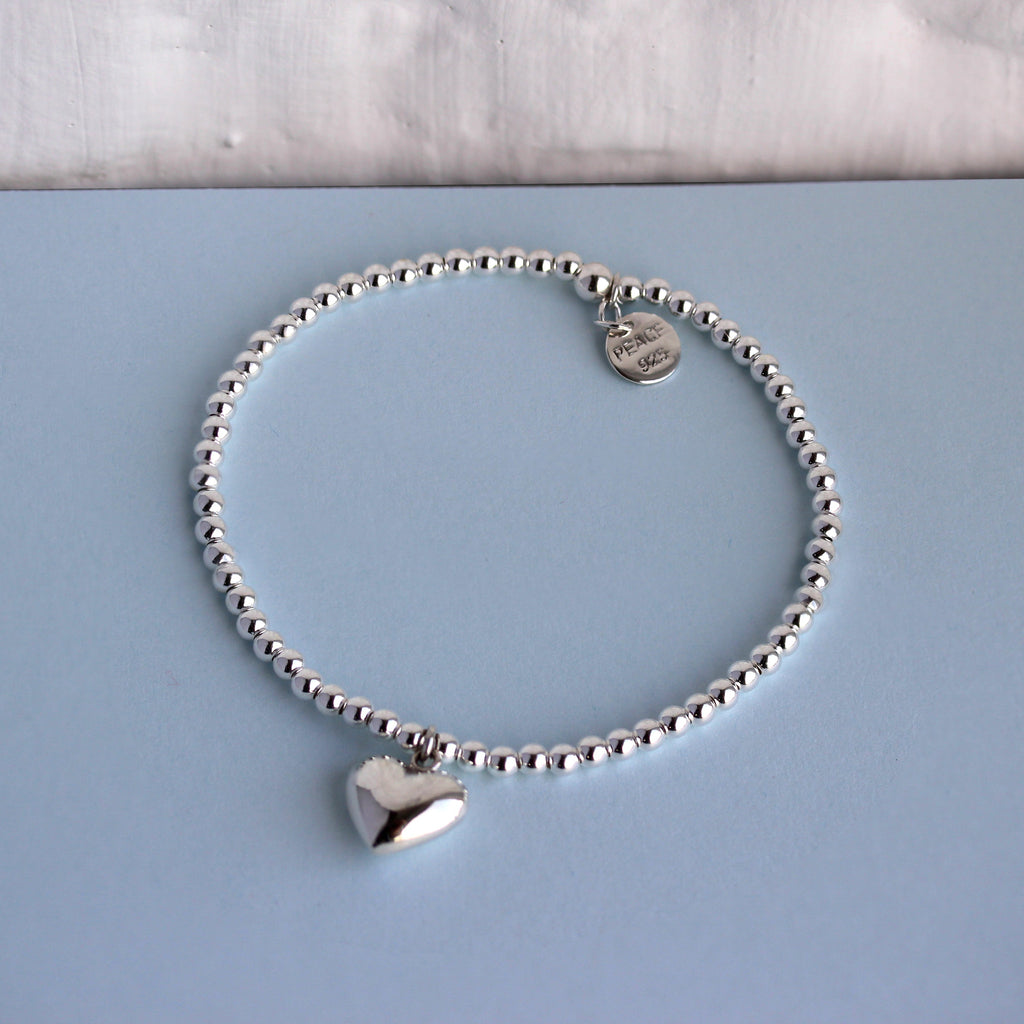 Bracelet extensible en argent sterling avec breloque en forme de cœur et perles