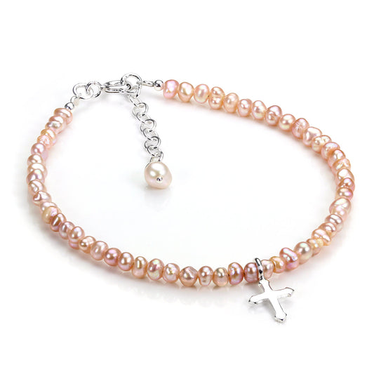Bracelet réglable en argent sterling et perles d'eau douce roses avec croix