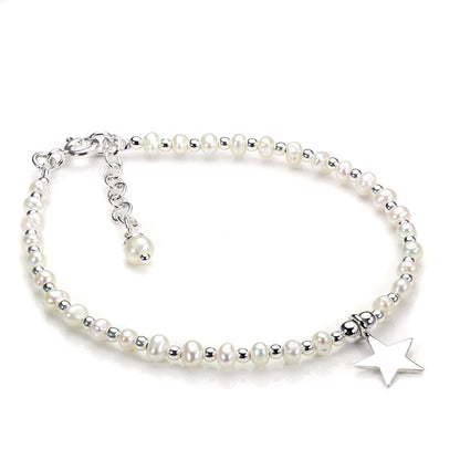 Bracelet en argent sterling et perles d'eau douce blanches avec breloque étoile