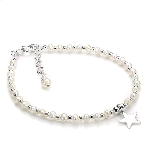 Bracelet en argent sterling et perles d'eau douce blanches avec breloque étoile