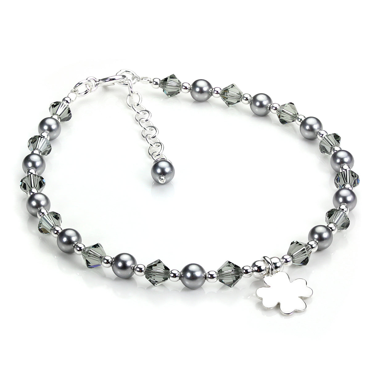 Bracelet réglable en argent sterling et cristal gris avec breloque trèfle