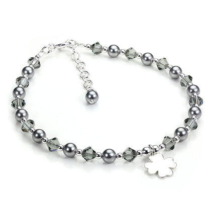 Bracelet réglable en argent sterling et cristal gris avec breloque trèfle