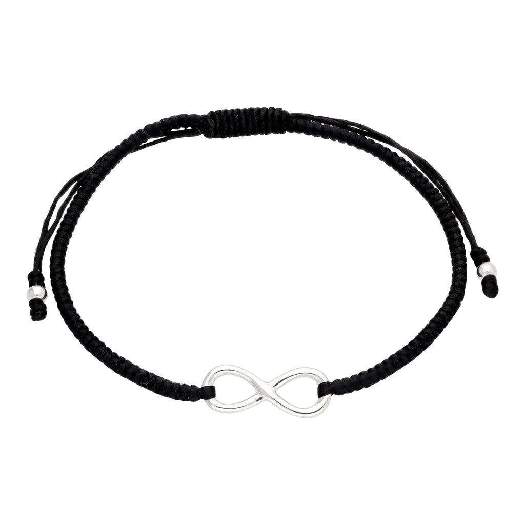 Bracelet en macramé avec cordon noir et boucle infinie en argent sterling