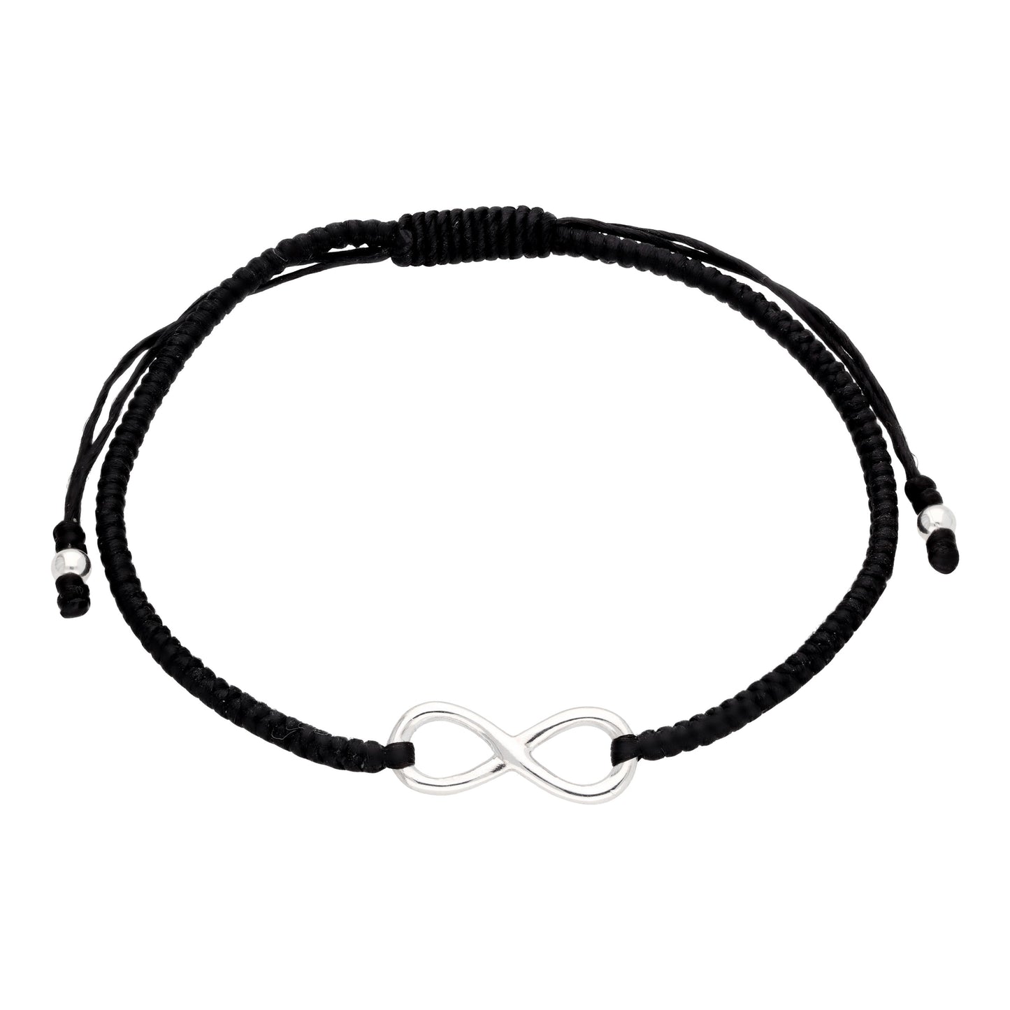 Bracelet en macramé avec cordon noir et boucle infinie en argent sterling