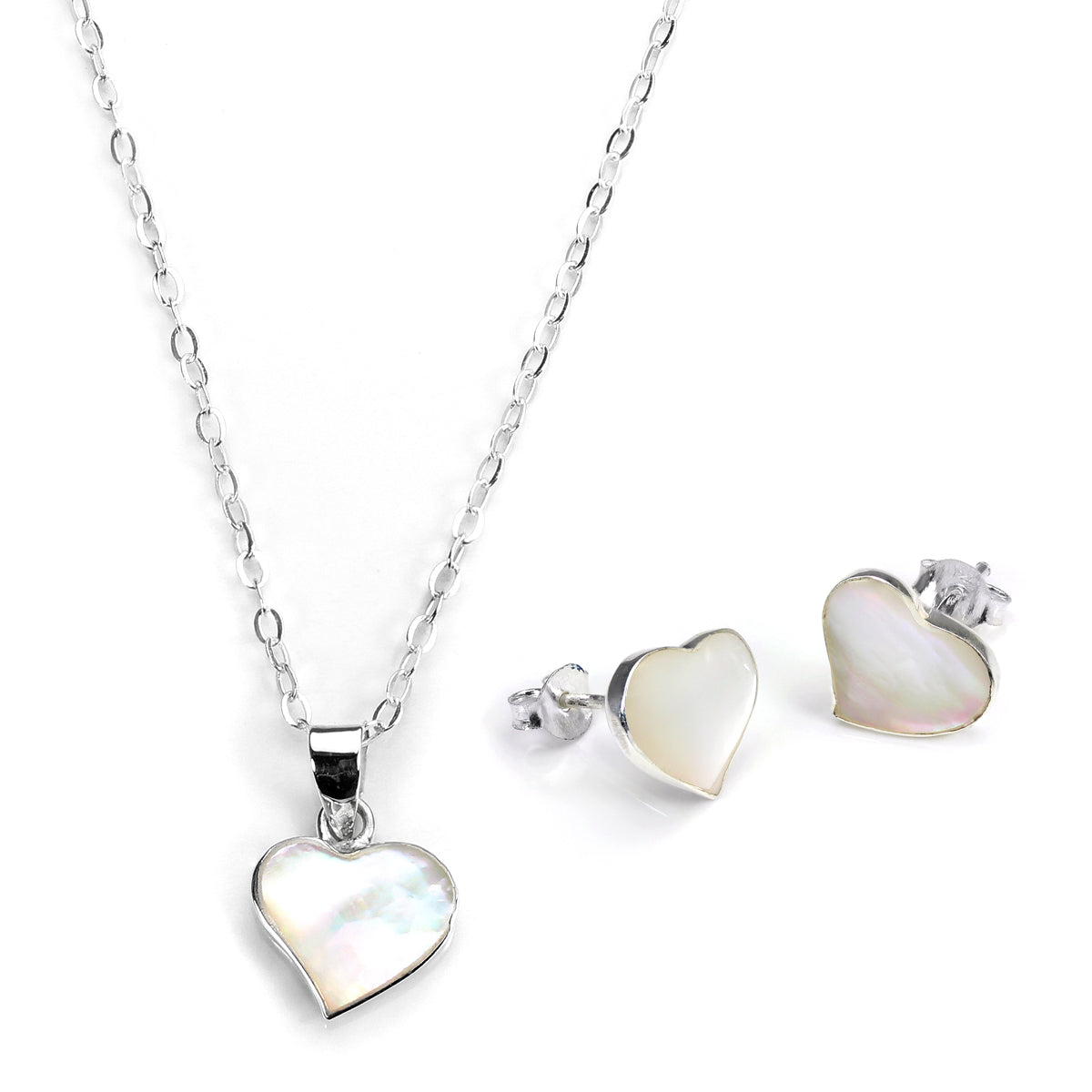 Ensemble de boucles d'oreilles et pendentif en forme de cœur en argent sterling et nacre