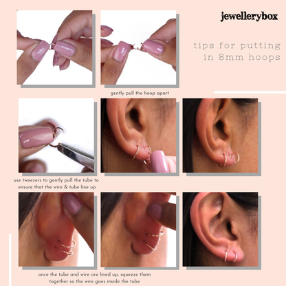 Boucles d'oreilles créoles dormeuses en argent sterling de 8 mm - Trois couleurs