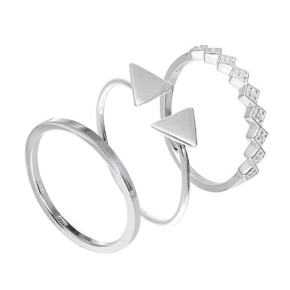 Ensemble de bagues empilables géométriques carrées en argent sterling avec triangles et zircones cubiques